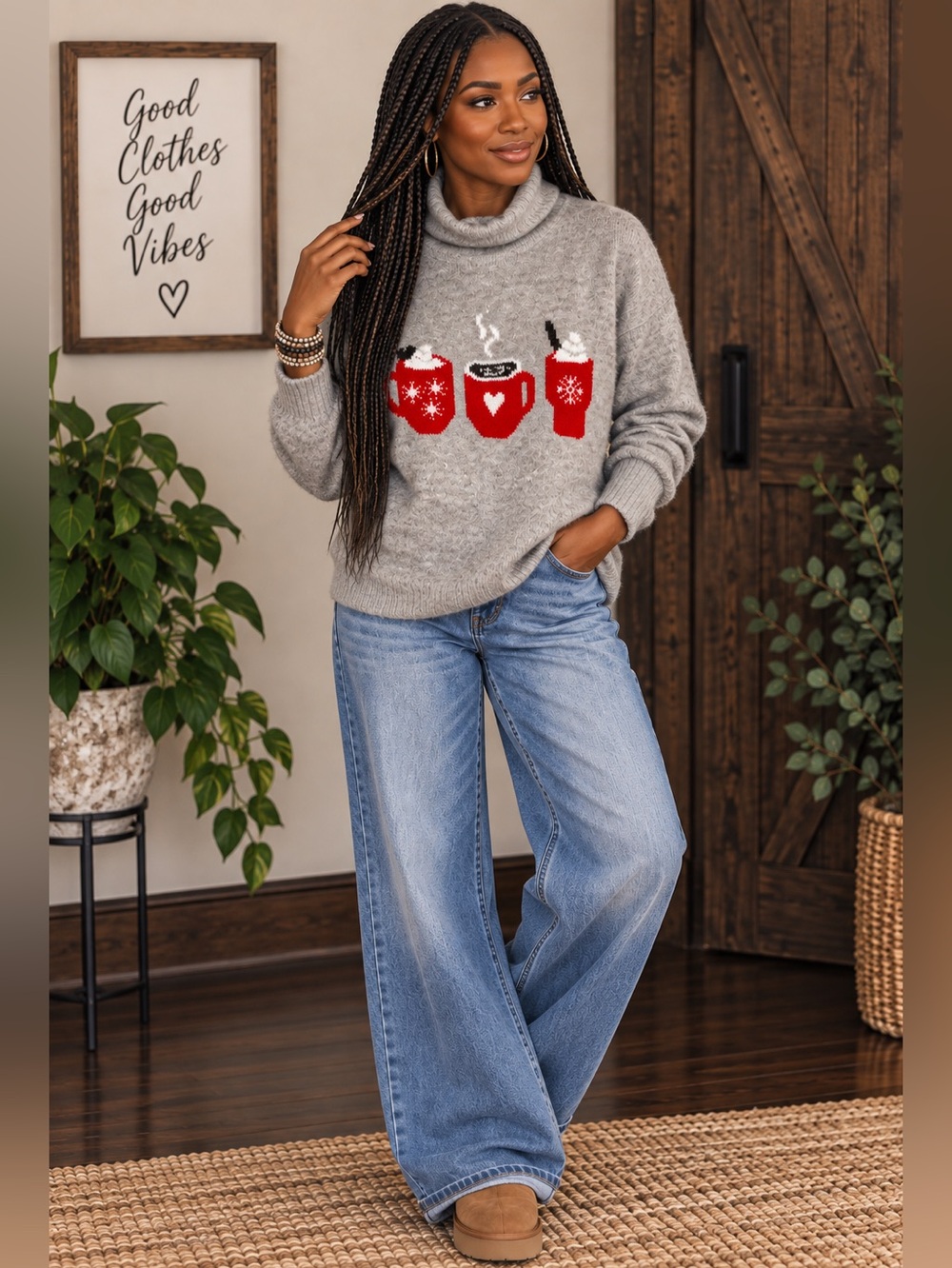 Cupcakes and Cashmere Gray Hot Cocoa Mug Sweater size M Cozy Holiday